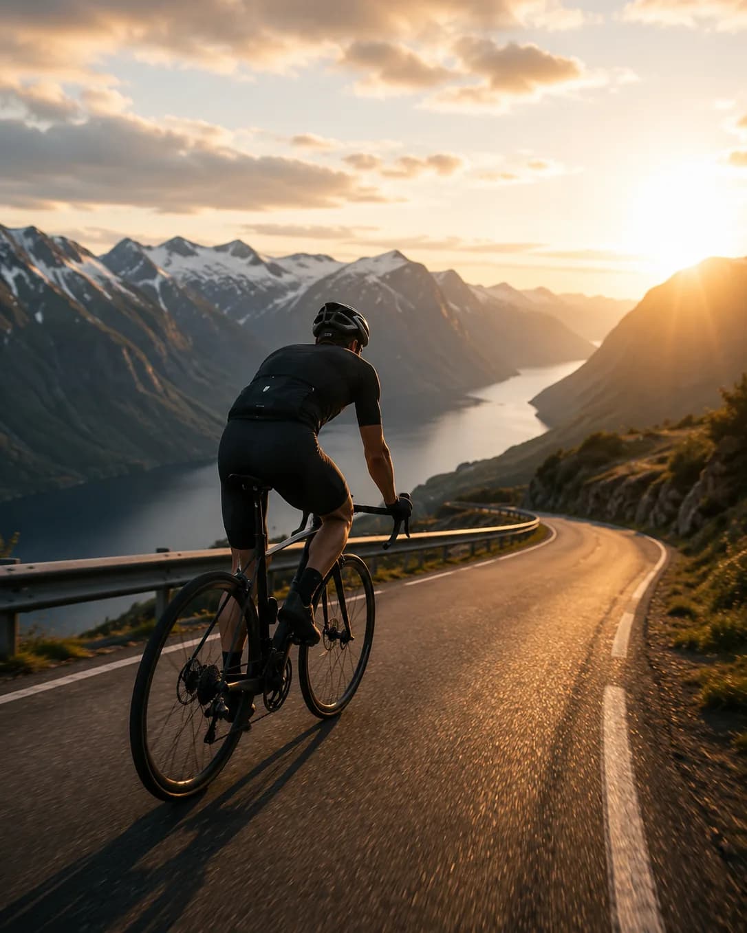 Syklist på svingete fjellvei ved en fjord
