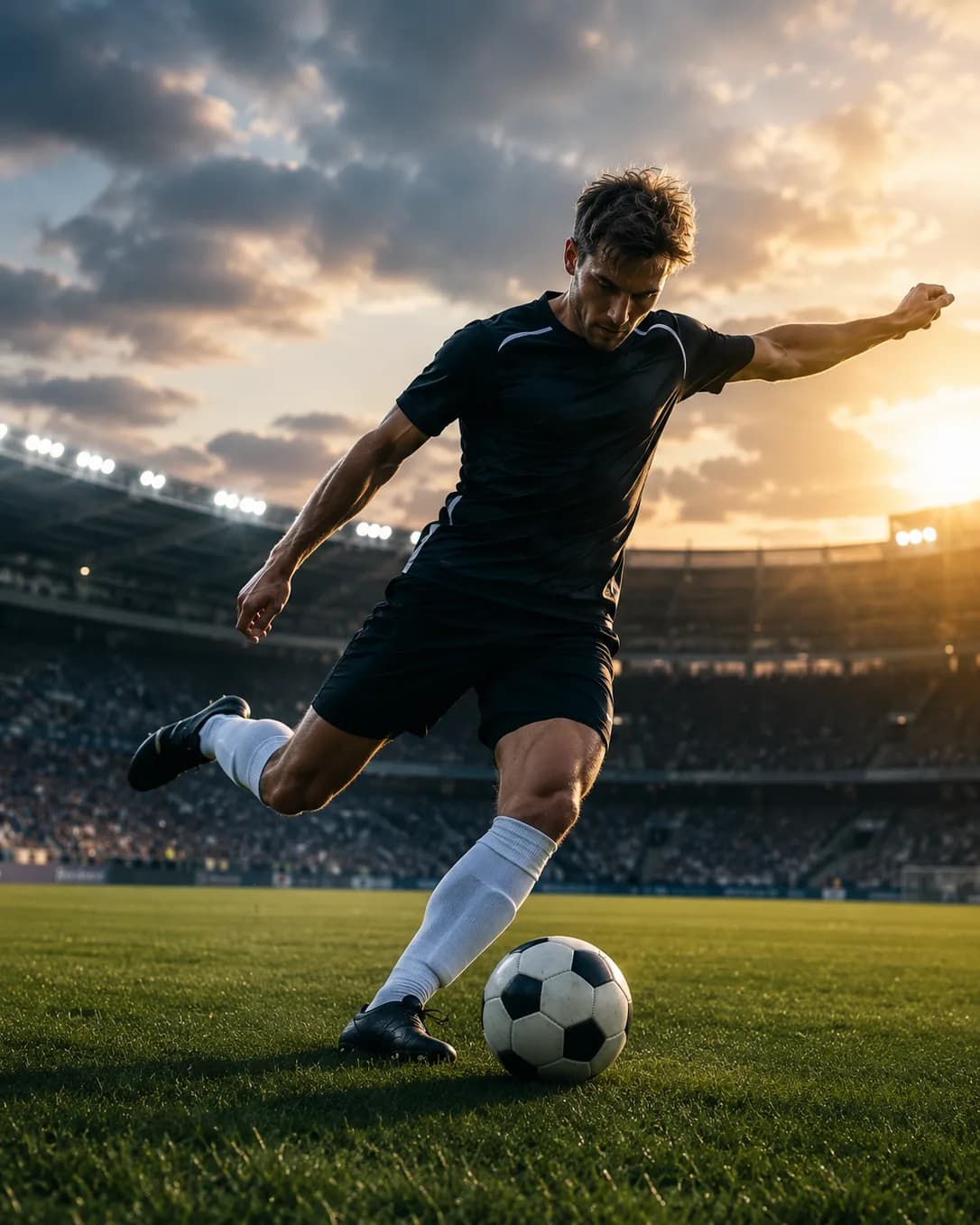 Fotballspiller som skyter en ball på gressbane