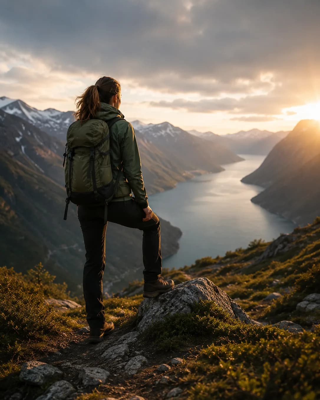 Turgåer med ryggsekk som ser utover en fjord