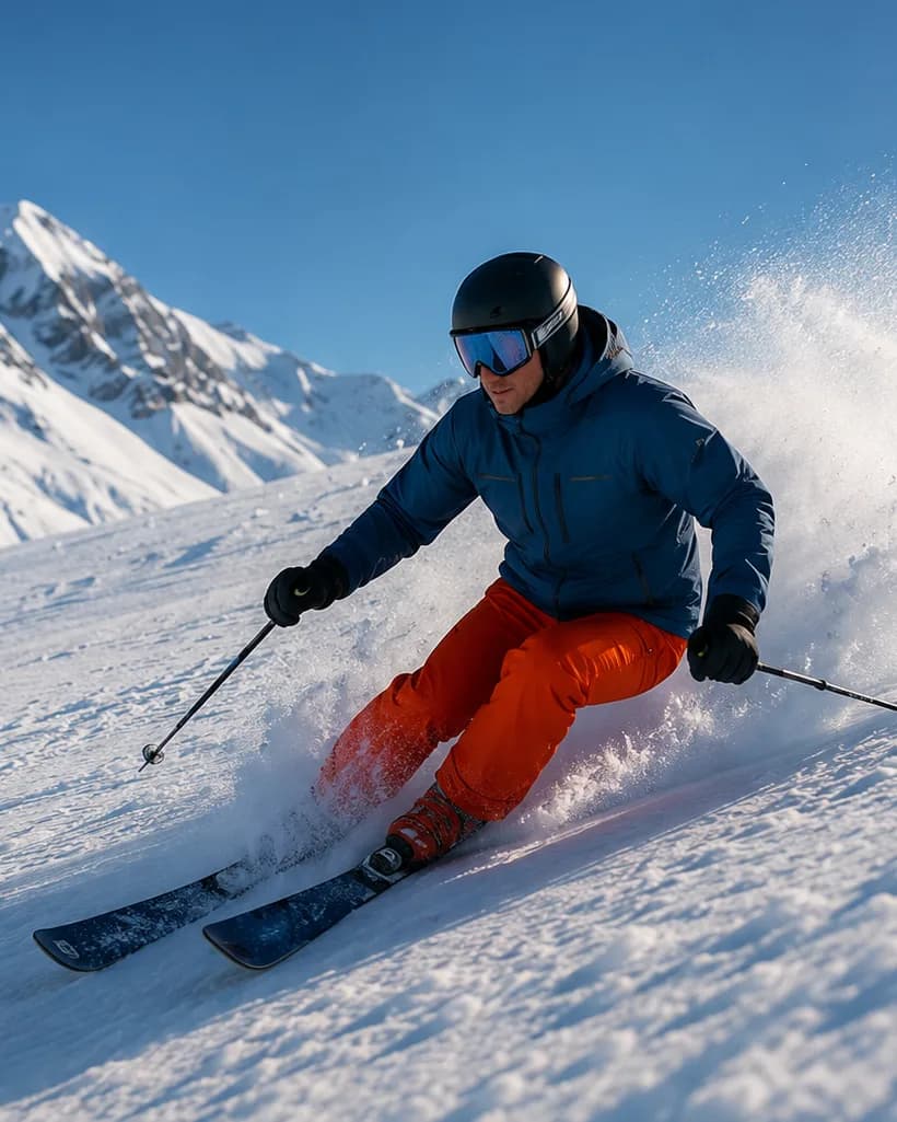 Alpinist i fart i snødekt fjellterreng