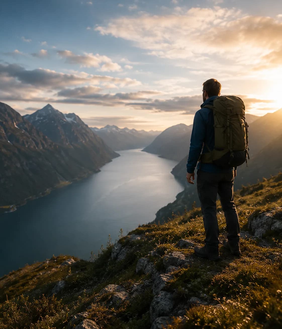 Turgåer med ryggsekk på fjelltopp over en fjord