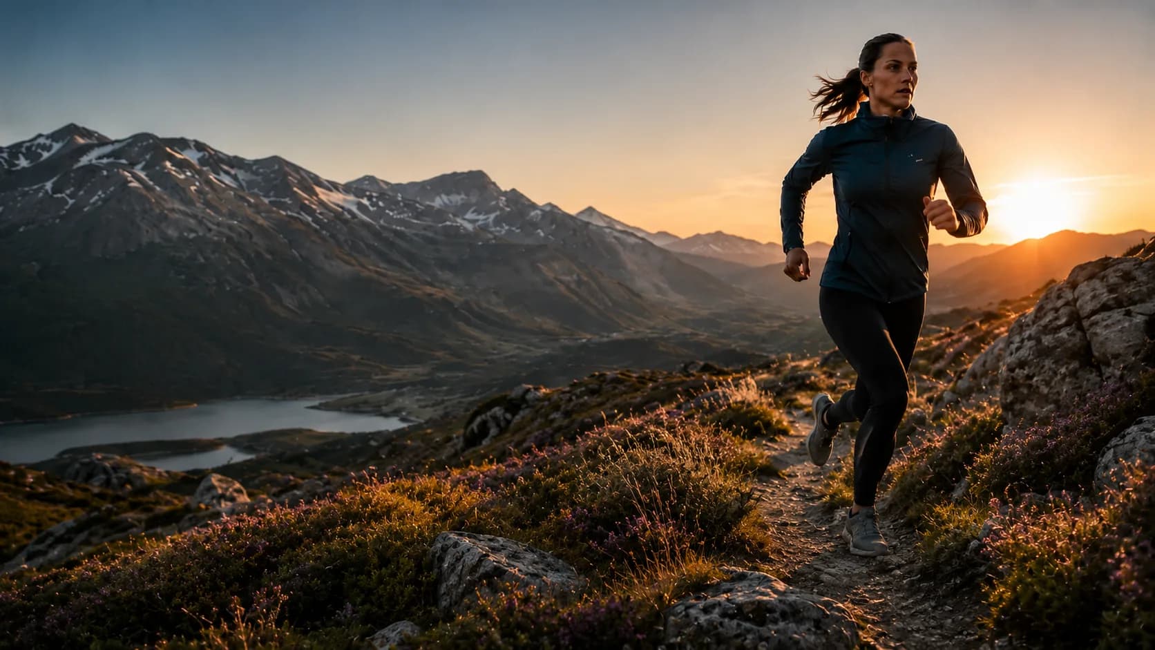 Løper på fjellsti i solnedgang
