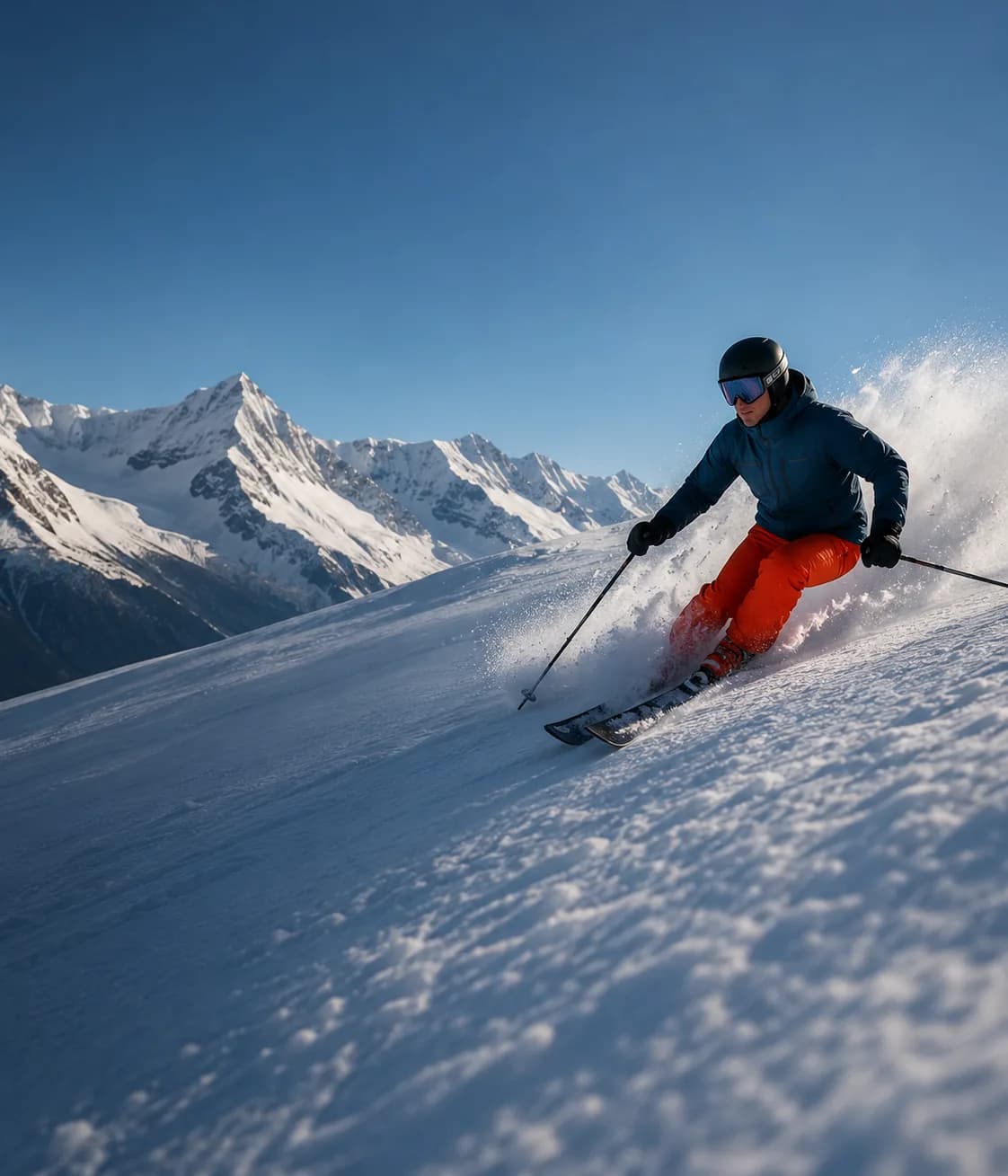 Skiløper i bratt bakke med snødekte fjell